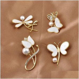 Pines Broches Moda Natural Perla Mariposa Flor Broche Mujeres Linda Alta Calidad Libélula Pines Ropa Señora Joyería Decorativa Dhq6N