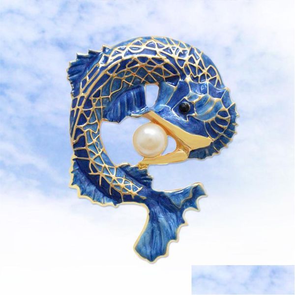 Broches Broches à la mode en émail épinglette en alliage coloré broche perle poisson bijoux vifs broche bleue livraison directe Dhphv