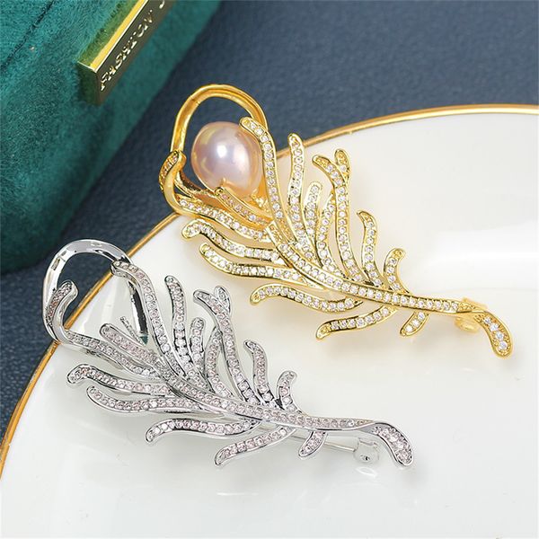 Broches Broches Plume Incrusté Zircone Perle Broche Cuivre Plaqué Or Accessoires Vide Support Corsage Femelle 230727