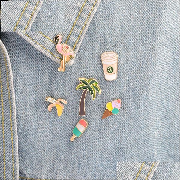 Alfileres Broches Flamenco Palmera Plátano Helado Café Alfileres Broches Conjuntos Insignia Moda Mujer Lindo Pin Joyería Venta al por mayor Gota Delive