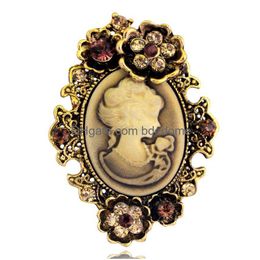 Pins Broches Flower Frame Crystal Lady Head Portret Broche Pin Mode Pak Tops Cor Strass Sieraden Gift Drop Delivery Dh0Qu