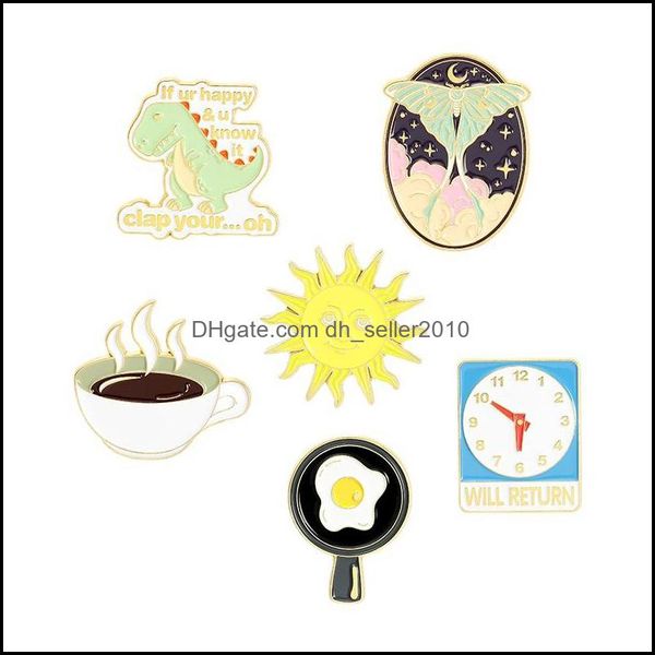 Alfileres Broches Diversión Animal Esmalte Alfileres Dinosaurio Mariposa Broche Estrella Sol Huevo Frito Café Reloj Insignia Mujeres Joyería 6148 Q2 Drop Deli Dhlqd