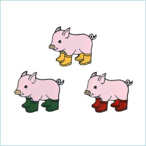 Alfileres Broches Diversión Cerdo Botas de lluvia Esmalte Prendedores Piggy Broches Insignia Denim Jeans Pin de solapa Dibujos animados Animal lindo Regalo de joyería Fo Dhdlw