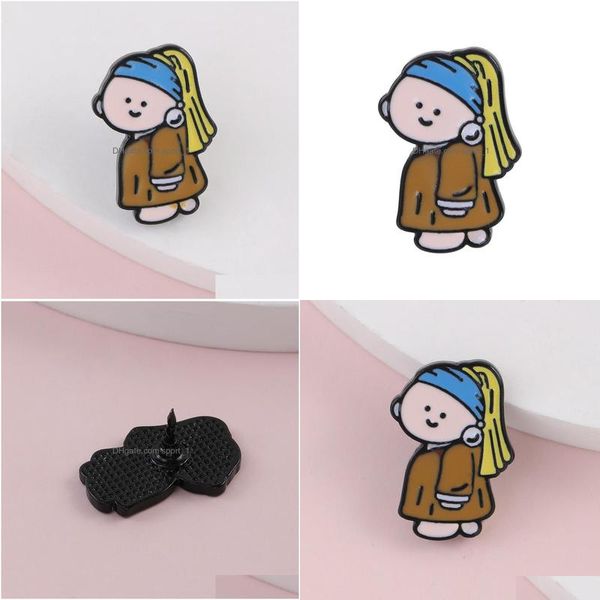 Alfileres Broches Chica con un pendiente de perla Alfileres Figura de dibujos animados Broche Broches de esmalte de estilo japonés para mujeres Regalo lindo Joyería Haraj Dh2Yn