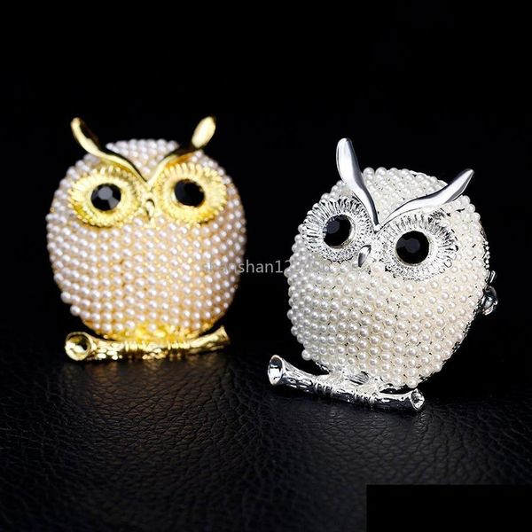 Broches Broches Gold Owl Broche Pins Bird Perle Broches Costume d'affaires Robe Tops Cor pour Femmes Hommes Mode Bijoux Drop Livraison Dhzhs