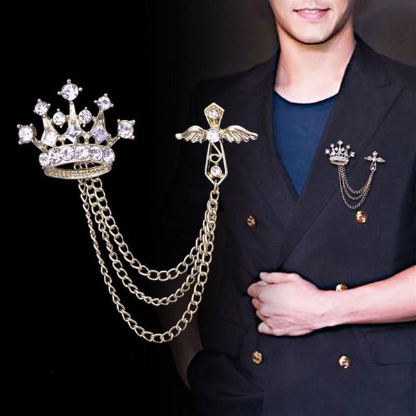 Pins Broches Broche couronne strass haut de gamme pour hommes costume épinglettes et insigne manteau frangé multicouche chaîne collier Jewelr278z