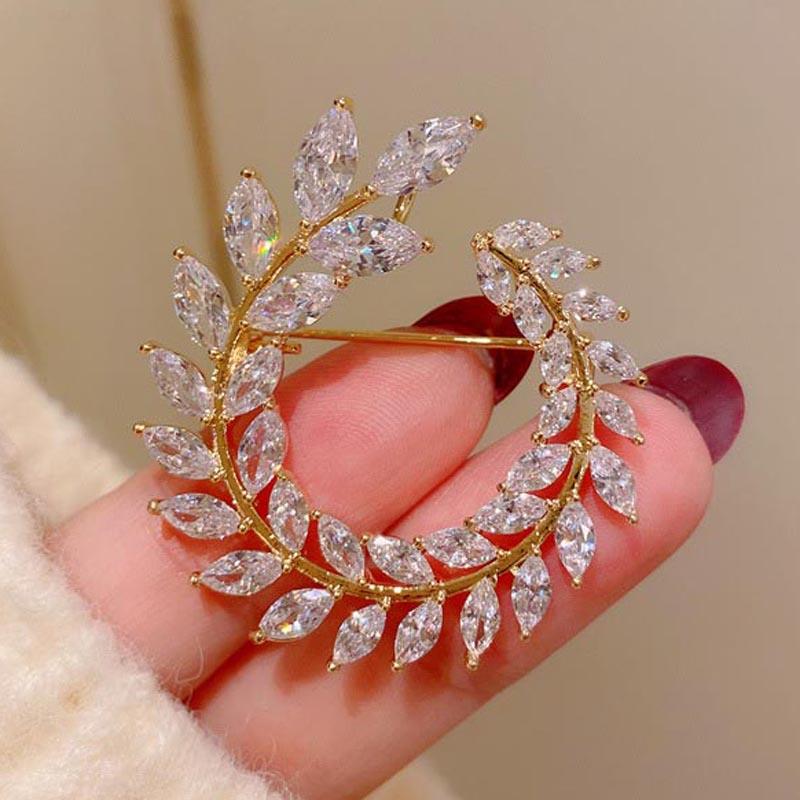 Pins, Brooches High Quality Gold Plated Sparkling Cubic Zirconia Pins Jewelry Fashion Classic Olive Branch Brooch For Women