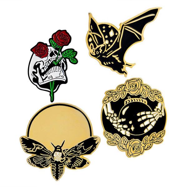 Alfileres, broches HOSENG 4 piezas Bat Bee Skull Crystal Ball Vintage Punk Broche Regalo de Halloween para amigos Solapa Collar Esmalte Joyería Pin HS_170