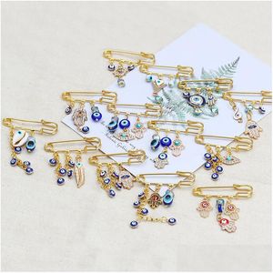 Pins Broches Lucky Eye Blue Turkse Evil Eyes Pin Voor Vrouwen Mannen Mode Goud Sier Kleur Drop Olie Palm Charm broche Sieraden Levering Dhngx