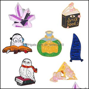 Broches Broches Métal Émail Revers Broche Dessin Animé Mignon Hibou Animal Livre Magique Forme Badge Exquis Vêtements Accessoires Vintage B Dhoem