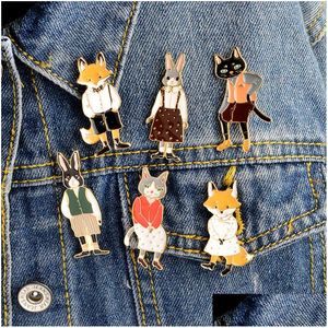 Pins Broches Mr Ms Gentleman Lady Cat Rabbit Fox Broche Pin Denim Animal Jacket Buckle Shirt Badge Liefhebbers Sieraden Cadeau voor koppels Dhd6N