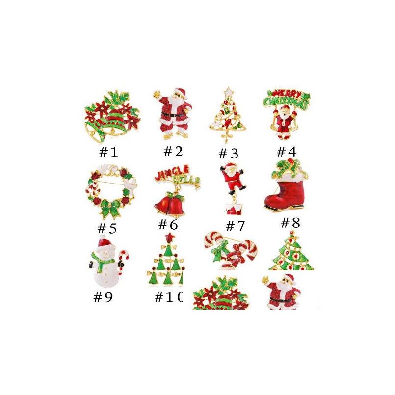 Épingles, broches Nouvelles arrivances de Noël Femmes d'épingle 12 style Santa Claus Boots Bell Cane Wreath Snowman Brooch pour la livraison Drop Livil