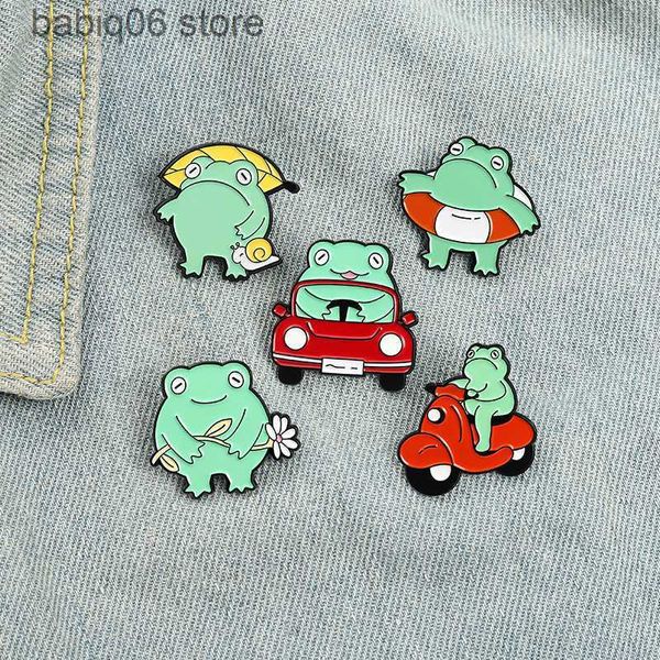 Broches Broches Nouveau Dessin Animé Mignon et Créatif Grenouille Série Animal Poitrine Pin Mini Voiture Natation Cercle Forme Peinture Emblème T230605