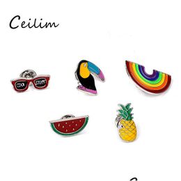 Alfileres Broches Nueva caricatura Diy Collar Broche Conjunto Arco iris Sandía Piña Cuervo Eyesweyes Esmalte Prendedores de solapa Insignia Para Wom Dhgarden Dh2Zb