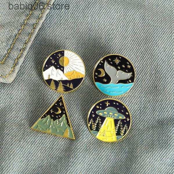 Broches Broches Nouveau Dessin Animé Créatif UFO Baleine Montagne Pic Styling Peinture Au Four Alliage Emblème Accessoires Bracelet T230605