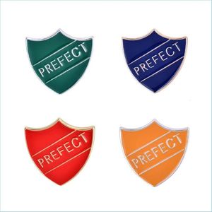 Alfileres Broches Letras de personalidad Broche de esmalte 4 colores Joyería opcional Pin de moda Insignia para hombres Perfect School Prefect Dhgarden Dhrk7