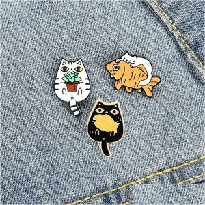 Alfileres Broches Pin Gato de dibujos animados Pescado Lindo Para Mujeres Moda Divertida Vestido Abrigo Camisa Demin Insignias de Metal Mochila Regalo Joyería Drop Delive Dhr04