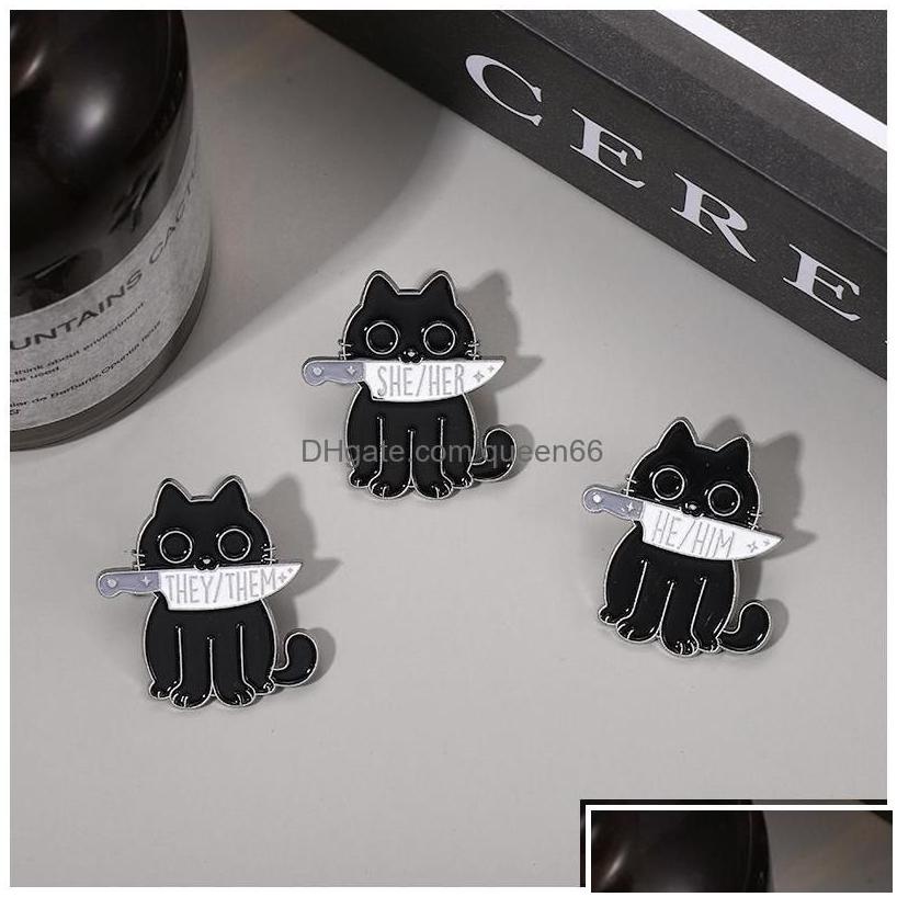 Pins Brooches Pins Brooches Black Cat Pronouns Enamel Pin Punk Brooch He She They Knife Animals Badge Witch Lapel Kitten Goth Jewelry Dhckh