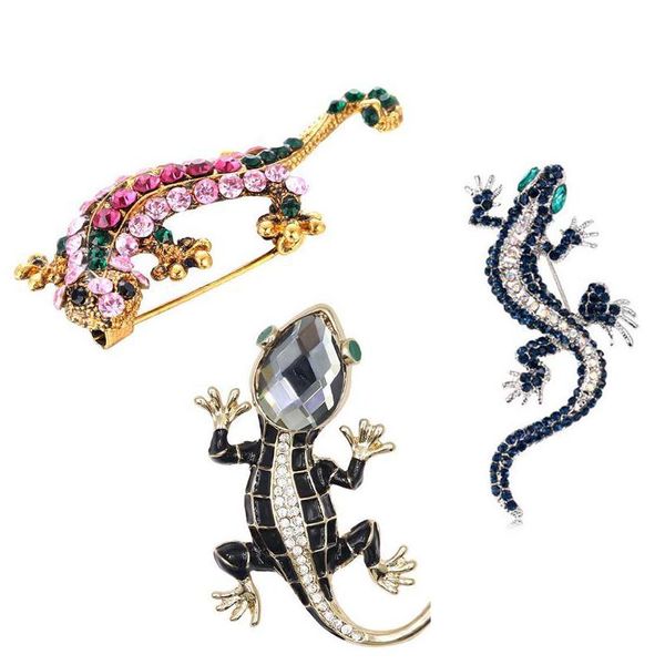 Alfileres Broches Alfileres Broches Unique Gecko Broche Blue Zircon Eyes Sier Color Inlay Crystal Rose Para Mujeres Joyería Rhinestone Animal Dhpap