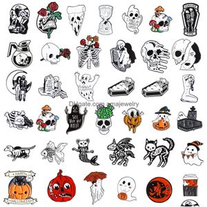 Pins Broches Pins Skl Spooky Skelet Emaille Set Horror Goth Bloem Broche Leuke Mini Revers Voor Vrouwen Ameui Drop Levering Sieraden Dhpci