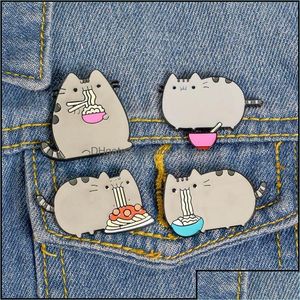 Pins Broches Pinsbrooches Bijoux Creative Cartoon Animal Chat Manger Des Nouilles Émail Broche Alliage Badge Chemise Sac Pins Accessoires W Otz5A