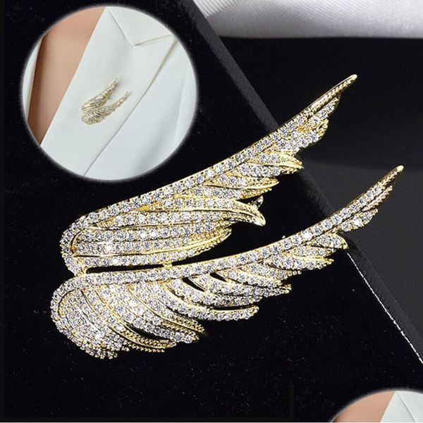 Broches Broches Strass Cristal Ailes D'ange Broche Costume Femme Haut De Gamme Niche Conception Pin Glitter Plume Collier De Mode Vêtements De Dhixj