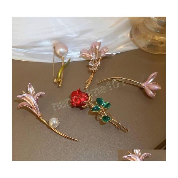 Broches Broches Strass Rouge Rose Fleur Broches Pour Femmes Élégant Pointe Bouquet Épinglettes De Mariage Badge Bijoux Drop Livraison Dhlkg