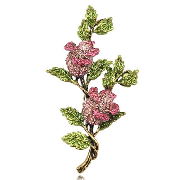 Alfileres, broches Broche de flor rosa para mujer Joyería de boda Bijuterias de cristal rosa y verde Pin de hoja de moda