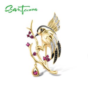 Pins Broches SANTUZZA Zilveren Broche Voor Vrouwen 925 Sterling Zilver Geel Goud Kleur Vogels Dier Gemaakt Robijn Fijne Sieraden Handgemaakte Emaille 230616