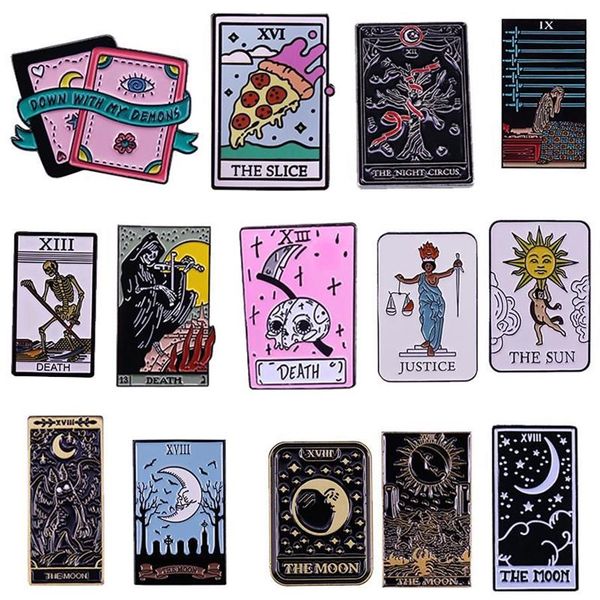 Alfileres Broches Tarjeta de Tarot Esmalte Pin El Sol Luna Grim Reaper Muerte Justicia Rebanada Noche Circo Demonios Insignia Bruja Brujería Divin197O