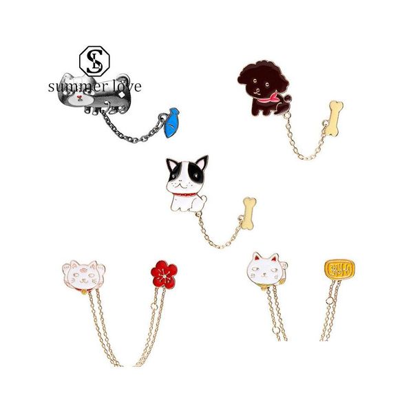 Alfileres Broches Trendy Carton Cat Fish Dog Bone Para Mujeres Hombres Lindo Animal Esmalte Pin Camisa Chaquetas Collar Botón Insignia Regalo de la joyería Dhfsh