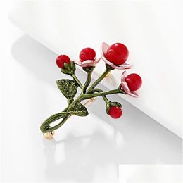 Pins Broches Trendy Grenen Vorm Rode Bloem Broche Voor Vrouwen Green Leaf Cherry Pak Revers Pin Kleding Sjaal Drop levering Sieraden Dhapr