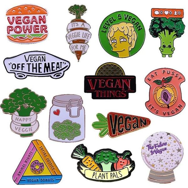 Alfileres Broches Colección de alfileres de esmalte vegano Bola de cristal de melocotón Brócoli Zanahoria Coño Verduras Insignia vegetariana Broche de dibujos animados292c