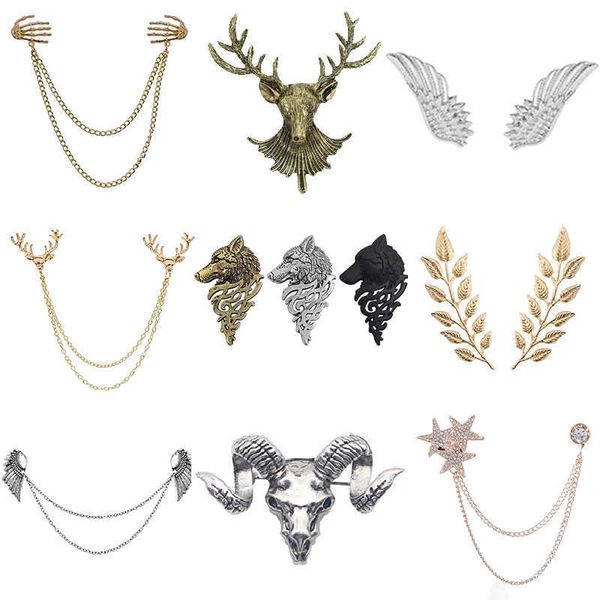 Pins broches Vintage Angel Wings Deer Wolf Broche para mujeres Múltiples capas Camina de la corona Corona Broches Camiseta Pins Broches Z0421