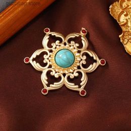 Broches Broches Vintage Nouveau Turquoise Évidé Lotus Broche Accessoires Dumb Or Style National Vêtements avec Épingle À Fleurs Pour Femmes Y240329