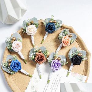 Pins Broches Bruiloft Cors En Boutonnières Voor Mannen Bruidegom Zijde Roos Boutonniere Knoopsgat Kunstbloemen Boeket Broche Pins D Dhant