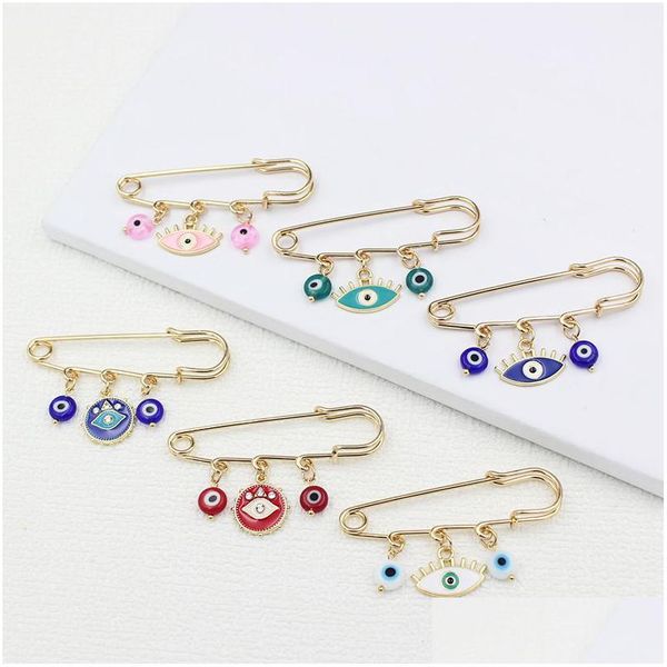 Pines, Broches Venta al por mayor Evil Eye Safety Pin Broche Aqua Pink White Red Blue Glass Broches para amigos Regalo familiar Luc Dhgarden DHCSO