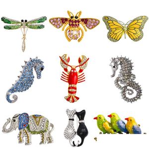 Alfileres Broches Venta al por mayor Retro Insecto Libélula Mariposa Broche Abeja Mujeres Cristal Animal Elefante Gato Pájaros Caballo de mar Broche Dhs7N