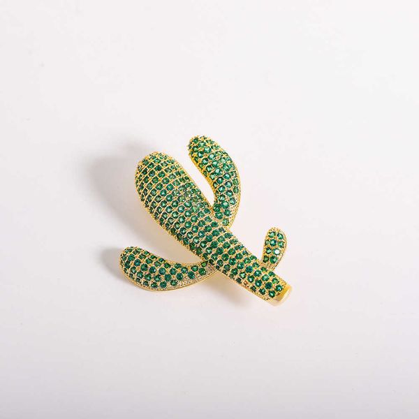 Broches de alfileres para mujer, broche de planta de aleación de circonita de oro amarillo de lujo con cactus de cristal verde simple, pin de seguridad G230529