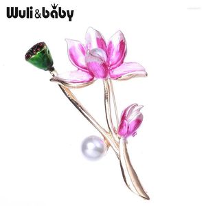 Broches broches Wulibaby perle émail fleur de Lotus pour les femmes arrivée 4 couleurs fête bureau broche cadeaux Seau22