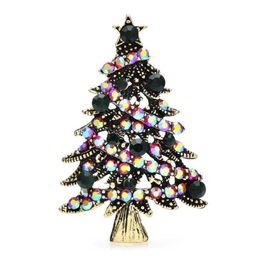 Pins Broches Wuli bébé arbre de Noël étincelant adapté pour les femmes unisexe vintage vert strass plante fête décontracté poitrine broche cadeau G230529