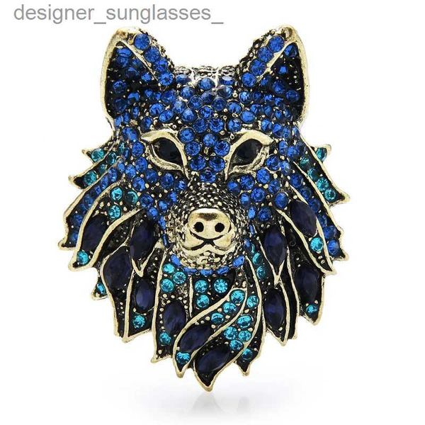 Pins Broches Wuli Baby Vonken Strass Wolf Broches Voor Vrouwen Mannen 2-Kleur Zwart Blauw Cool Wolf Broche pin Sieraden GeschenkenL231117