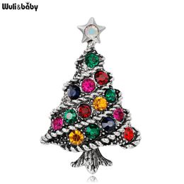 Pins, Broches Wulibaby Vintage Kerstboom voor Dames Unisex Multicolor Rhinestone Jaar Broche Pin Sieraden Geschenken