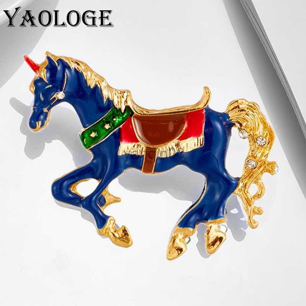 Alfileres Broches YAOLOGE Azul Negro Esmalte Caballo Broches Para Mujeres Hombres Tendencias Aleación Steed Animal Broche Prendedores Oficina Casual Joyería Regalos HKD230807