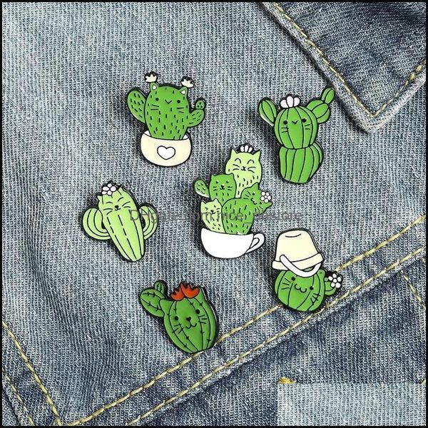 PinsBroches Bijoux Mignon Chat Vert Cactus Émail Broches Broche Pour Femmes Fille Accessoires De Mode En Métal Vintage Dhbtv