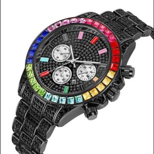 Pintime luxe kleurrijke kristal diamant kwarts batterij date heren heren decoratieve drie subdials glanzende horloges fabriek direct pols pols 257p