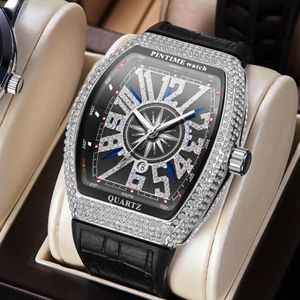 Pintime mannen mode luxe horloge diamant ijs uit waterdichte kwarts polshorloge blauw siliconen band feest casual jurk horloges