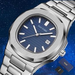 PINTIME Simple Quartz hommes montres haut de gamme de luxe en acier inoxydable militaire montre d'affaires hommes Date or horloge Zegarek Meski Reloj290J
