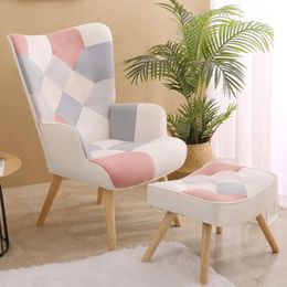 Chaise d'interface Pinyin avec ensemble ottoman, fauteuil rembourré avec des pattes en bois massif, lecture confortable, chambre de salon avec ottoman (rose patchwork)