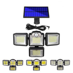 PIR Solar Wall Lights, Wandlamp, 4 koppen beveiligingslicht, 6000K Cool Wit, 3 Modi Outdoor 192 LED 2400lm Motion Sensor Lights met afstandsbediening, 5m draad gescheiden